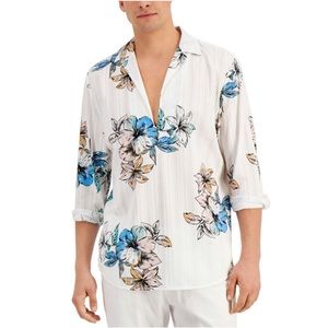 INC Mens White Collared Classic Fit Floral Tropical Shirt